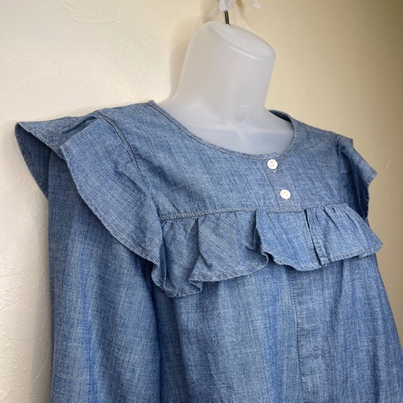 Madewell | Chambray Long Sleeve Ruffled Yoke Bib Cottage Core Prairie Blouse - Picture 8 of 15